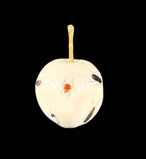 Antique Carved Fruit With Inlaid Shibayama Insects And Semi Precious Materials, Meiji Pd. Signed: Japanese amazingly realistic carved bone in the shape of a fruit with inlaid shibayama insects carved from semiprecious materials like mother of pearl and others. Artist signed and dating from the Mei