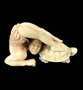 Antique Japanese Carved Okimono In The Form Of A Wrestler And Turtle, Meiji Period, Circa 1900: Antique Japanese carved okimono in the form of a wrestler and turtle. Signed by artist, Circa Meiji period circa 1900. Masterfully executed. Excellent condition. Measure 4.5" wide 2" tall and 2.5" dee