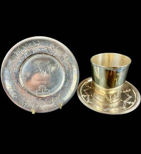 Three Pieces Tiffany and Co Sterling Silver Plates And Sterling Cup, Signed And Dated 1873: ***DUE TO THIS LOT BEING SILVER IT MUST BE PAID VIA BANK WIRE TRANSFER OR CERTIFIED CHECK*** Three Pieces Tiffany and Co Sterling Silver Plates And Sterling Cup, Signed And Dated 1873. Rare and in exc