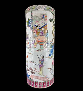Antique Qing Dynasty Chinese Famille Rose Umbrella Stand: Antique Qing Dynasty Chinese Famille Rose Umbrella Stand. Decorated profusely with genre scenes of repose. Excellent condition circa 19th century. Measure 24" tall and 10" across. Please READ & REVIEW