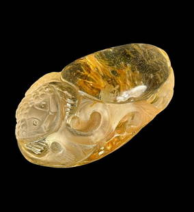 Chinese Carved Rock With Gold Infused Natural Inclusions, Toggle With Frog: Chinese Carved Rock With Gold Infused Natural Inclusions. Carved as a toggle with a frog in relief. Measures 3.25" x 1.25". Excellent condition. Please READ & REVIEW our Terms and Conditions before bi