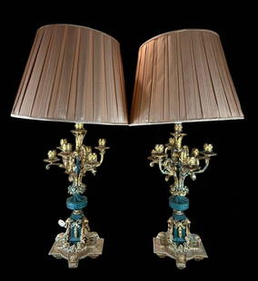 18th To Early 19th Century Pair Of 6 Light French Bronze And Gilded Ormolu Candelabra: 18th to early 19th century pair of 6 light French bronze and gilded ormolu candelabra later in the early 20th century as lamps. Measures 36" tall and 12" wide each. Excellent working condition. No dam