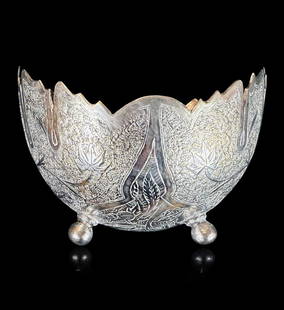 Sterling Silver Chased Kashmir Footed Bowl, Signed, 117 Grams: ***DUE TO THIS LOT BEING SILVER IT MUST BE PAID VIA BANK WIRE TRANSFER OR CERTIFIED CHECK.*** Sterling Silver Chased Kashmir Footed Bowl, Signed, 117 Grams. Measures 4.5" x 4". Please READ & REVIEW