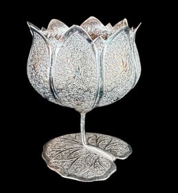 Sterling Silver Chased Kashmir Footed Lotus Base Pedestal Form Vessel, 86 grams