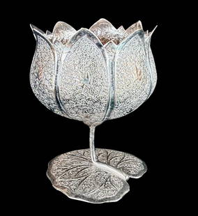 Sterling Silver Chased Kashmir Footed Lotus Base Pedestal Form Vessel, 86 grams: ***DUE TO THIS LOT BEING SILVER IT MUST BE PAID VIA BANK WIRE TRANSFER OR CERTIFIED CHECK.*** Sterling silver chased Kashmir footed lotus base pedestal form vessel. Weight 86 grams. Measures 4"