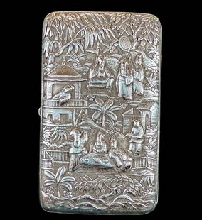 19th Century Chinese Sterling Silver Hong Card Case In Magnificent Relief, 137 grams: ***DUE TO THIS LOT BEING SILVER IT MUST BE PAID VIA BANK WIRE TRANSFER OR CERTIFIED CHECK.*** 19th Century Chinese Sterling Silver Hong Card Case In Magnificent Relief, 137 grams. Dated 1886 and Inscr