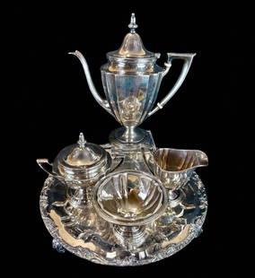 A Fine Wallace Sterling Silver Tea Set with Silver-Plated Copper Tray, 1282 Grams: ***DUE TO THIS LOT BEING SILVER IT MUST BE PAID VIA BANK WIRE TRANSFER OR CERTIFIED CHECK.*** A Fine Wallace Sterling Silver Tea Set with Silver-Plated Copper Tray, 1282 Grams Total Weight. Includes T