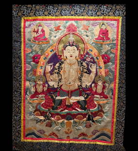Magnificent & RARE hand embroidered silk Thangka dating from the 19th century: Magnificent and rare hand embroidered silk Thangka dating from the 19th century. Measures 38" wide and 49" tall. A rare piece, excellent condition and highly preserved for many years. Please READ & RE