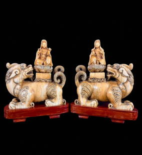 Magnificent 17th To 18th Century Chinese Pair Of Bone Carved Kwan-Yin Atop Biche Dragons: Magnificent 17th To 18th Century Chinese Pair Of Bone Carved Kwan-Yin Atop Biche Dragons. Highly detailed and displaying honeyed patina commensurate with age. Exceedingly rare. Measures 7.5" tall
