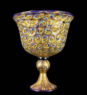 A Very Fine Venetian Murano Art Glass Chalice Form Vase, Done In A Murrine Millefiori: A Very Fine Venetian Murano Art Glass Chalice Form Vase, Done In A Murrine Millefiori With Adventurine Flourishes. Superb quality, most likely either made by Salviati or Venini makers. Measures 8" tal