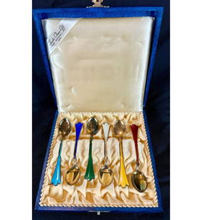 Antique Norwegian Sterling Silver Gold Washed Enameled Demitasse Spoons, Circa 1920: ***DUE TO THIS LOT BEING SILVER IT MUST BE PAID VIA BANK WIRE TRANSFER OR CERTIFIED CHECK.*** Antique circa 1920 Norwegian sterling silver, gold washed enameled demitasse 6 piece spoon set in box, exc