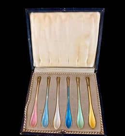 Exceedingly RARE Set Of 6 Danish Sterling Silver And Enamel Caviar Spoons, Circa 1900
