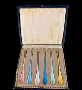 Exceedingly RARE Set Of 6 Russian Or Austrian Sterling Silver And Enamel Caviar Spoons, Circa 1900: ***DUE TO THIS LOT BEING SILVER IT MUST BE PAID VIA BANK WIRE TRANSFER OR CERTIFIED CHECK.*** Exceedingly RARE set of 6 Russian or Austrian sterling silver and gold washes enameled caviar spoons in or