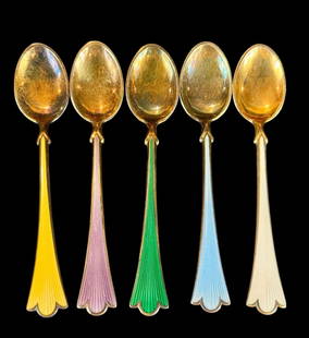 Set Of 5 Russian Enamel On Sterling Silver Gold Wash Demitasse Spoons: ***DUE TO THIS LOT BEING SILVER IT MUST BE PAID VIA BANK WIRE TRANSFER OR CERTIFIED CHECK.*** Set Of 5 Russian Enamel On Sterling Silver Gold Wash Demitasse Spoons. Please READ & REVIEW our Terms and