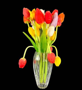 1930 German Art Deco Hand Blown Art Glass Collection Of 30 Tulips & Waterford Vase: German art deco 1930 hand blown glass collection of 30 tulips, all within a cut glass Waterford crystal vase. Measures approx. 17” tall and 9” wide. Excellent condition. All 30 pieces and