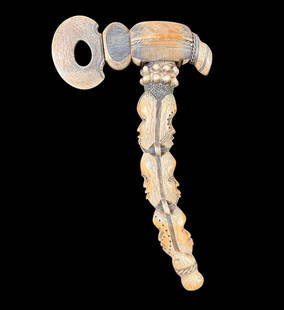 An Important Ethnographic Antique Dan Tribal Ceremonial Ax Carved From Bone, Circa 18th C: ***DUE TO THIS LOT BEING CLASSED AS A WEAPON IT MUST BE PAID VIA BANK WIRE TRANSFER OR CERTIFIED CHECK*** An Important Ethnographic Antique Dan Tribal Ceremonial Ax Carved From Bone, Circa 18th C. Ove