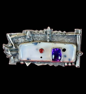 Vintage Sterling Silver Brooch With Amethyst, Ruby, And A Moss Agate Backing, Signed: ***DUE TO THIS LOT BEING JEWELRY / SILVER IT MUST BE PAID VIA BANK WIRE TRANSFER OR CERTIFIED CHECK*** Vintage Sterling silver, amethyst, ruby with moss agate backing brooch. Measures 2.25" x 1".