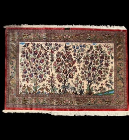 Signed Vintage Silk On Silk Hand Woven Persian Rug “Tree of Life" Pattern