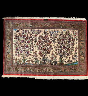 Signed Vintage Silk On Silk Hand Woven Persian Rug āTree of Life" Pattern: Vintage silk on silk hand woven Persian rug āTree of Lifeā pattern. Measures 42" x 59". Highest quality weave and signed on front in border and with original tag on the reverse. Knot tightness