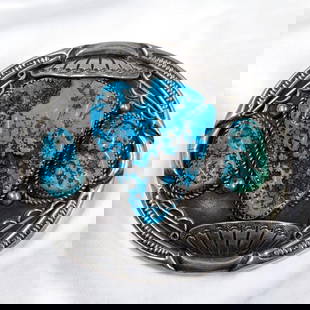 Zuni Concho Silver And Turquoise Belt Buckle, 121 Grams Total Weight Possible Judy Wallace: **DUE TO THIS LOT BEING SILVER IT MUST BE PAID VIA BANK WIRE TRANSFER OR CERTIFIED CHECK.**Vintage Navajo Concho Silver And Turquoise Belt Buckle, 121 Grams Total Weight. Measures approx. 3 1/4" X 3".