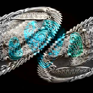 Zuni Concho Silver And Turquoise Belt Buckle, 121 Grams Total Weight Possible Judy Wallace: **DUE TO THIS LOT BEING SILVER IT MUST BE PAID VIA BANK WIRE TRANSFER OR CERTIFIED CHECK.**Vintage Navajo Concho Silver And Turquoise Belt Buckle, 121 Grams Total Weight. Measures approx. 3 1/4" X 3".