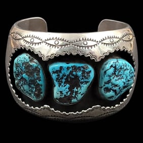 Judy Wallace Zuni Concho Silver And Turquoise Bracelet, Initialed JW, 117 Grams Total Weight