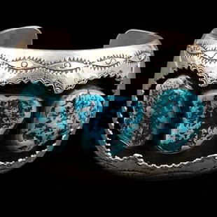 Judy Wallace Zuni Concho Silver And Turquoise Bracelet, Initialed JW, 117 Grams Total Weight: **DUE TO THIS LOT BEING SILVER IT MUST BE PAID VIA BANK WIRE TRANSFER OR CERTIFIED CHECK.**Vintage Navajo Concho Silver And Turquoise Bracelet, Initialed JW, 117 Grams Total Weight. Measures approx.