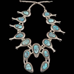Judy Wallace Zuni Silver And Turquoise Squash Necklace, Initialed JW, 371 Grams Total Weight