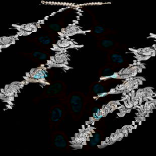 Judy Wallace Zuni Silver And Turquoise Squash Necklace, Initialed JW, 371 Grams Total Weight: **DUE TO THIS LOT BEING SILVER IT MUST BE PAID VIA BANK WIRE TRANSFER OR CERTIFIED CHECK.**Vintage Navajo Silver And Turquoise Squash Necklace, Initialed JW, 371 Grams Total Weight. Measures approx. 3