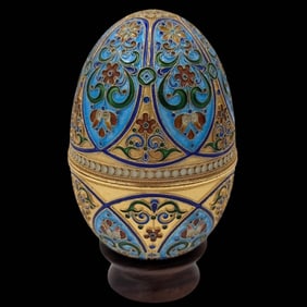 A Very Fine Antique Russian Enamel Egg Box With Wooden Stand