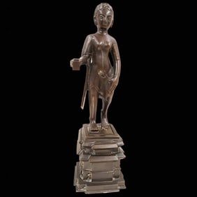 An Antique Bronze Statue Of An Indian Woman / Goddess Standing On A Pagoda