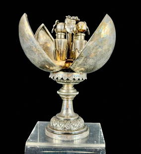 Kashmir Solid Sterling Silver Mechanized Opening Lotus Form 4-Bottle Perfumer, Circa 1900: ***DUE TO THIS LOT BEING SILVER IT MUST BE PAID VIA BANK WIRE TRANSFER OR CERTIFIED CHECK*** Kashmir solid sterling silver mechanized opening lotus form 4 bottle perfumer, circa 1900. Amazing and rare