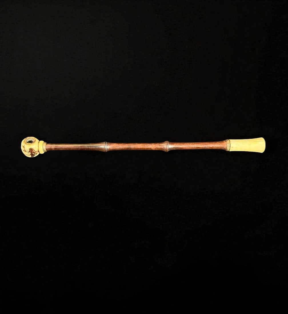 Antique 19th Century Chinese Opium Pipe With Bone Carved Handle & Bamboo Shaft: Antique 19th century Chinese opium pipe with bone carved hand as chimney and stem with bamboo shaft. Overall length 13". Excellent condition. Please READ & REVIEW our Terms and Conditions before biddi