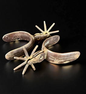 Pair of great antique spurs with inlays: Pair of antique spurs with inlays. Great antique pair. Each measures 6.5” x 3.5”s. Please READ & REVIEW our Terms and Conditions before bidding, payment, shipping and other specifics for t