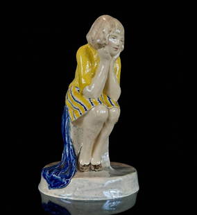 Helen Wickham Glazed Figure Of A Seated Girl Titled "MISCHIEF", Circa 1930: As seen in The Cleveland Museum, offered here is a 1930 glazed pottery seated girl titled “Mischief” by noted potter artist Helen Wickham of the Doulton company. Stands 6" tall and in excellen