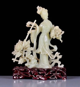 Antique Chinese Carved Jade Maiden With Flowing Garments And Floral Bouquet With Staff