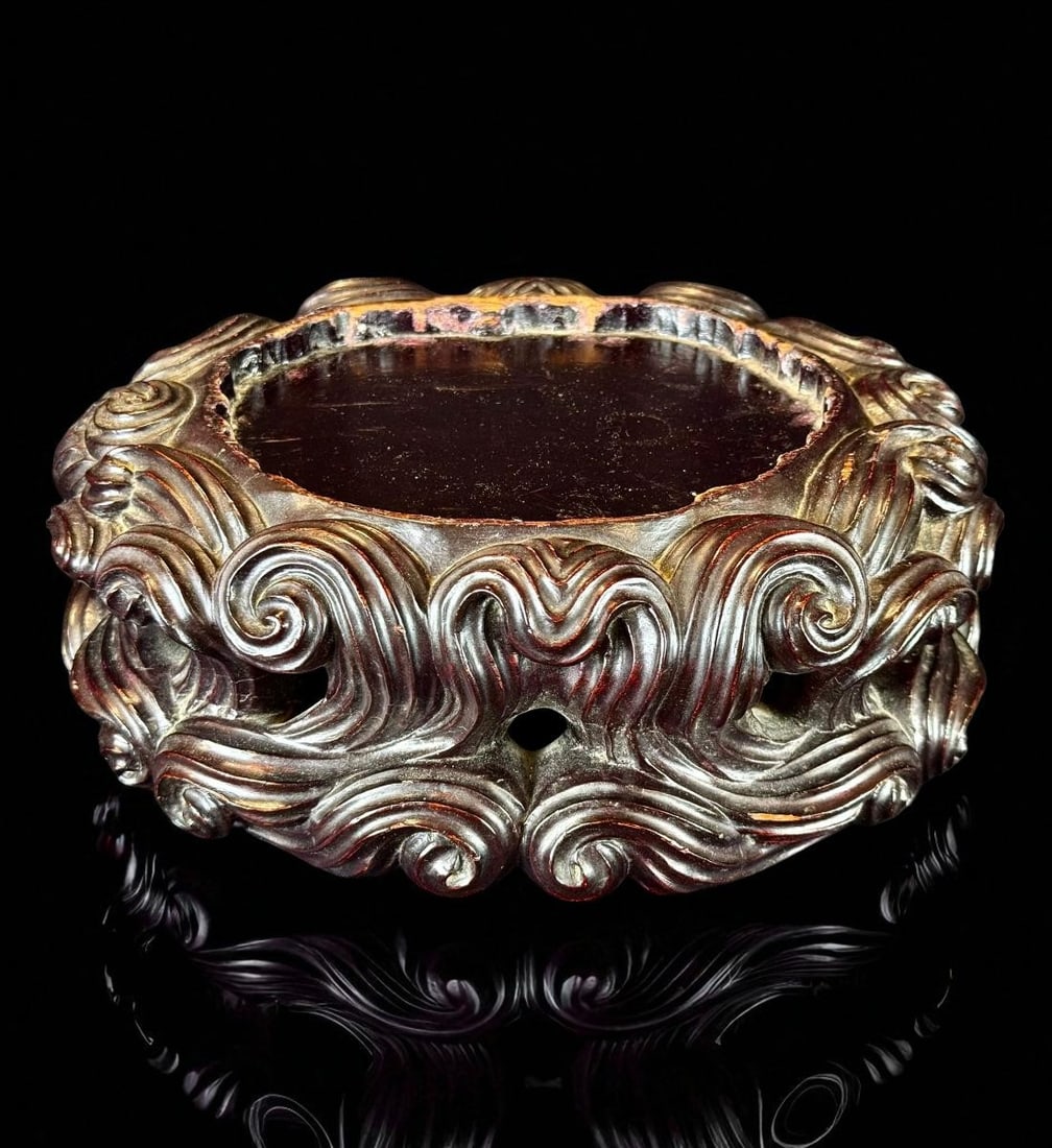 A Very Fine Hand Carved Chinese Hardwood Stand, Qing Dynasty, Circa 1800’s: Amazing carved hardwood stand. Designed in a flowing wave pattern. Circa 1800’s. Extra large size at 11.75". 9" x 5.25" tall. Please READ & REVIEW our Terms and Conditions before bidding, payment, s