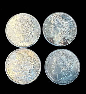 A Grouping Of 4 Morgan Silver Dollars Various Date, Ungraded: ***DUE TO THIS LOT BEING SILVER IT MUST BE PAID VIA BANK WIRE TRANSFER OR CERTIFIED CHECK.*** A grouping of 4 Morgan Silver Dollars various date ungraded. Please READ & REVIEW our Terms and Conditions