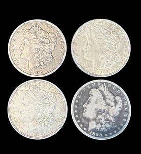 A Grouping Of 4 Morgan Silver Dollars Various Dates, Ungraded.: ***DUE TO THIS LOT BEING SILVER IT MUST BE PAID VIA BANK WIRE TRANSFER OR CERTIFIED CHECK.*** A grouping of 4 Morgan Silver Dollars various dates ungraded. Please READ & REVIEW our Terms and