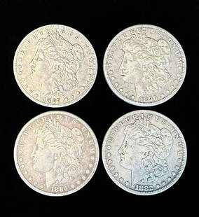 A Grouping Of 4 Morgan Silver Dollars Various Dates, Ungraded: ***DUE TO THIS LOT BEING SILVER IT MUST BE PAID VIA BANK WIRE TRANSFER OR CERTIFIED CHECK.*** A grouping of 4 Morgan Silver Dollars various dates ungraded. Please READ & REVIEW our Terms and