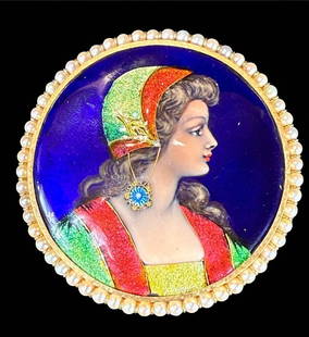 A Fine Artist Signed 14K Gold And Enamel Brooch, 19th Century: ***DUE TO THIS LOT BEING GOLD IT MUST BE PAID VIA BANK WIRE TRANSFER OR CERTIFIED CHECK.*** Large 14k gold marked enameled brooch depicting a maiden. Artist signed on reverse. Measures 2.75" across. W