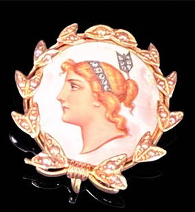 14K Gold Brooch / Pendant French Hand Painted Greek Portrait W/ Seed Pearls: *** DUE TO THIS LOT BEING GOLD IT MUST BE PAID VIA BANK WIRE TRANSFER OR CERTIFIED CHECK.*** French 14k gold brooch / pendant hand painted Greek figure with seed pearls. Measures 1.25" across. Weighs