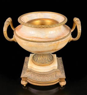 19th C French Alabaster Urn With Bronze Handles: Wonderful 19th century French richly veined alabaster urn with ornate bronze embellishments and handles. Stand 11" tall and 10.5" wide. Excellent condition. Please READ & REVIEW our Terms and Conditio