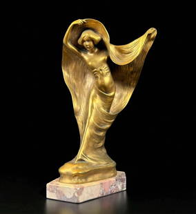 Michael Levy Art Nouveau Bronze Maiden: Art nouveau bronze of maiden with flowing garment Signed on base Michael Levy. Stands 11" tall and 7.5" at its widest point. Please READ & REVIEW our Terms and Conditions before bidding, payment, ship
