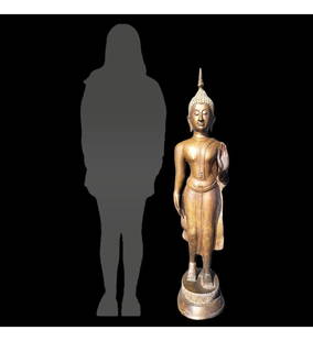 Large Antique Thai Bronze Standing Buddha Early 19th Century: Large Antique Thai Bronze Standing Buddha. Provenance: Central Florida Collectors Estate whom had lived in Japan for many years. Originally Purchased 1979. Measures approx. 54.75" X 12" X 14". Please