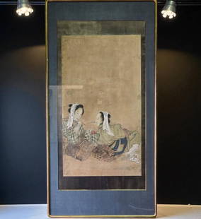 19th Century Scroll Painting Depicting 2 Women In A Landscape, Circa 1820 Edo Period: 19th Century Scroll Painting Depicting 2 Women In A Landscape, Circa 1820 Edo Period. Frame Measures approx. 45 3/4" X 23 1/4". Purchased 8-5-1978. Provenance: Central Florida Collector’s Estate who