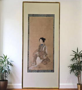 19th Century Scroll Painting Depicting A Woman In A Landscape, Circa 1820 Edo Period: 19th Century Scroll Painting Depicting A Woman In A Landscape, Circa 1820 Edo Period. Frame Measures approx.45 3/4" X 20". Purchased 12-2-1978. Provenance: Central Florida Collector’s Estate whom ha