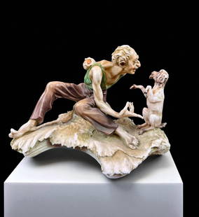 Signed Antonio Borsato 1911-82 Italian Porcelain Figure Man With A Dog: Magnificently detailed and rendered rage circa 1940 porcelain figure depicting a dog trainer and pup. Antonio Borsato (Italian, 1911-1982) was known for his highly detailed and hand-colored porcelain