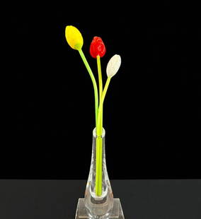 German Art Deco Era Hand Blown Tulip Stems In Signed Baccarat Vase, Circa 1929: German art decor circa 1929 era hand blown art glass 3 tulip stems in vintage Baccarat bud vase signed to base and side. Overall height 16" tall. Please READ & REVIEW our Terms and Conditions before b