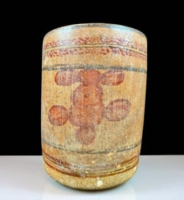 Antique Mayan Cylinder Vessel Polychrome With Painted Glyphs And Bands